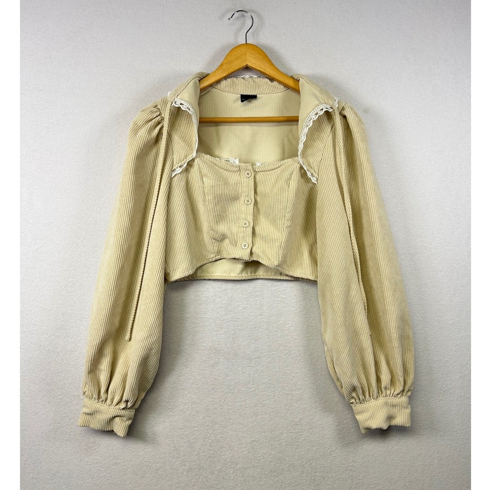 SHEIN‎ MOD Corduroy Puff Sleeve Square Neck Cropped Top Beige Size L